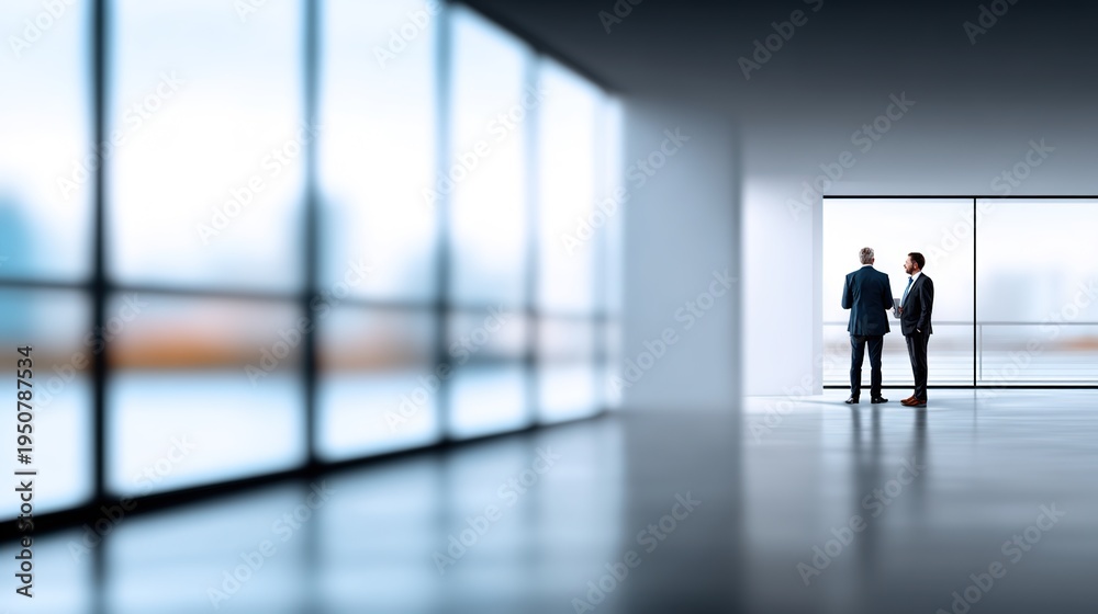 Fototapeta premium Corporate contemplation: Two figures in business attire, seen from behind, are engaged in thoughtful conversation, observing the vast cityscape from the panoramic window of a modern office space.