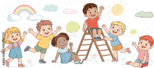WebHappy Diverse Children Playing Outdoors in Sunny Park with Rainbow and Clouds Vector Illustration of Kids Having Fun on Playground