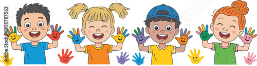WebHappy diverse group of children showing colorful painted hands with smiley faces for creative art education school and childhood fun
