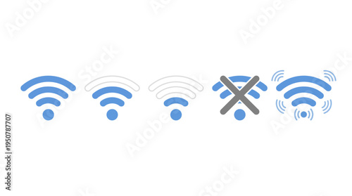 Set of Wi-Fi signal strength indicators, showing signal loss and connection issues in a minimalist vector style, ideal for digital communication and network status displays