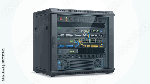 Server rack with network equipment for data center infrastructure and IT services