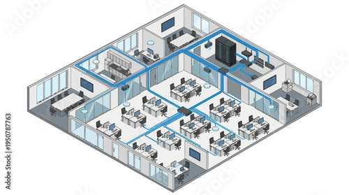 Isometric network diagram illustrating a modern office layout with connected workstations and server room infrastructure