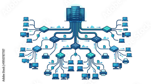 Illustration of a complex computer network topology connecting multiple devices in an organized structure