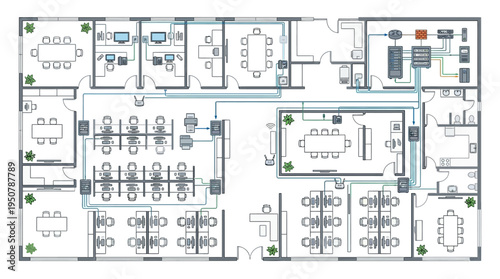 Office Building Floor Plan with HVAC System Diagram and Furniture Layout