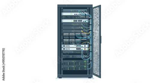 Modern data center server rack with network equipment, clean flat vector illustration for technology concepts