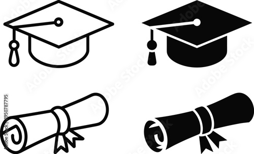 WebGraduation cap and diploma scroll icons set, academic degree symbols, education achievement silhouettes, university mortarboard and certificate vector, graduation ceremony elements.