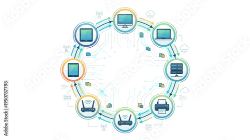 Digital Network Connectivity A Circular Diagram Illustrating Interconnected Devices and Data Flow