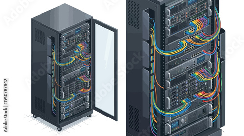 Isometric vector illustration of network server racks with colorful cables, representing data center infrastructure and connectivity