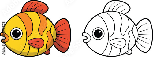WebVector illustration of cartoon fish, colorful marine animal, underwater design, aquatic outline drawing, children’s coloring activity, ocean life, playful art motif