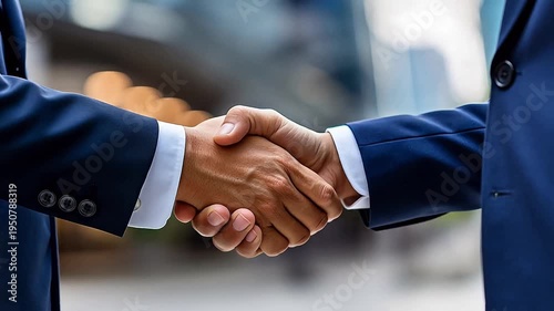 Two Businessmen in Blue Suits Shaking Hands Outdoors