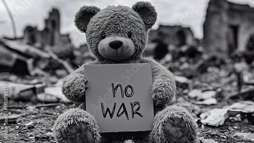 Teddy Bear Holding No War Sign in War Torn Ruins Black and White