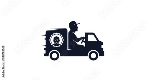 Delivery Driver in Truck with Package.