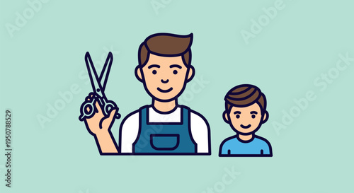 Hairdresser Cutting Boys Hair with Scissors.