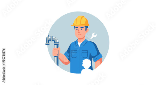 Plumber in uniform holding wrench and pipe.