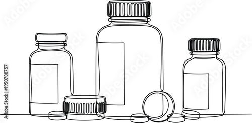 Continuous Line Drawing of Medicine Bottles and Pills