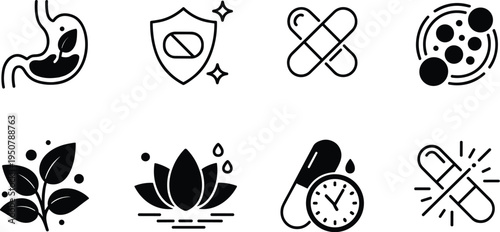 Medical and Health Icons Set with Stomach and Pills