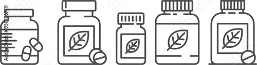 Assortment of supplement bottles with leaf icons supplements