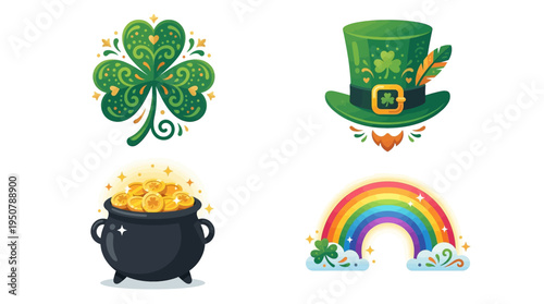 Vibrant Saint Patrick's Day Icons Shamrock, Leprechaun Hat, Pot of Gold, and Rainbow