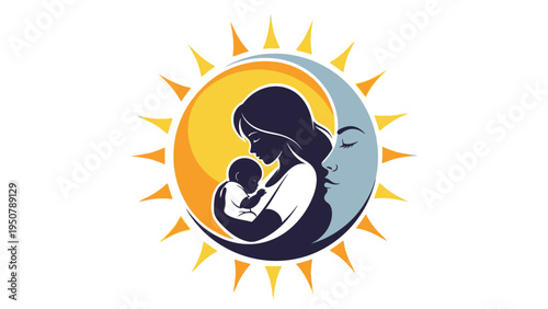 Mother Holding Baby Silhouette Sun Moon.
