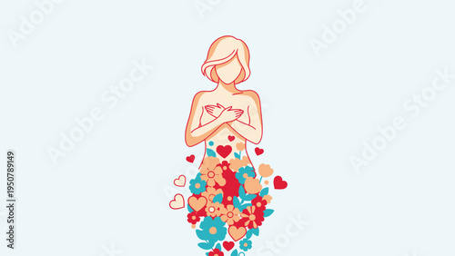 Woman Surrounded by Colorful Hearts and Flowers.