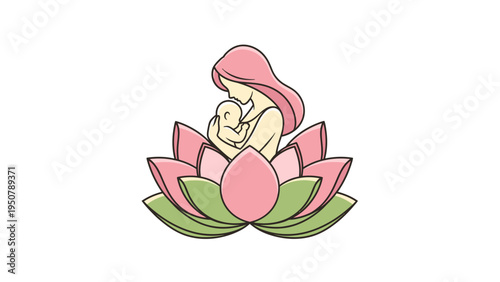 Woman Meditating on Lotus Flower Illustration.