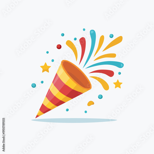Party popper illustration with colorful confetti and stars.