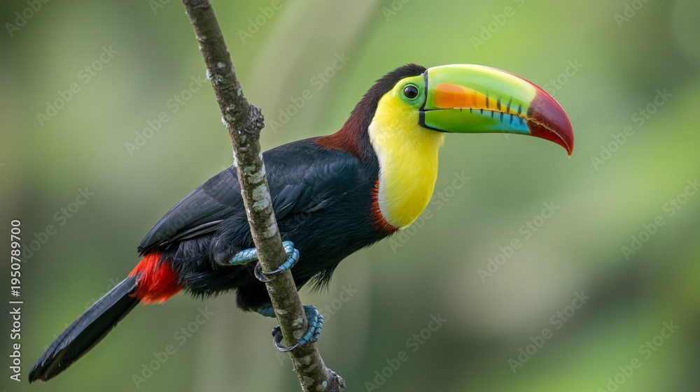 Obraz premium A vibrant toucan perched on a branch in a lush green forest with a blurred background
