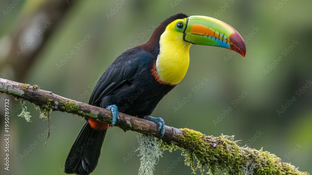 Fototapeta premium A vibrant toucan perched on a mossy branch in a lush green forest with its brightly colored beak and feathers on full display.