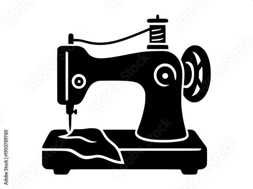 Tailoring equipment icon showing an old-fashioned sewing machine, solid black vector silhouette, minimal monochrome design, centered composition.