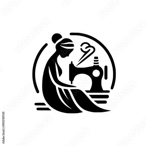 Tailoring equipment icon showing an old-fashioned sewing machine, solid black vector silhouette, minimal monochrome design, centered composition.