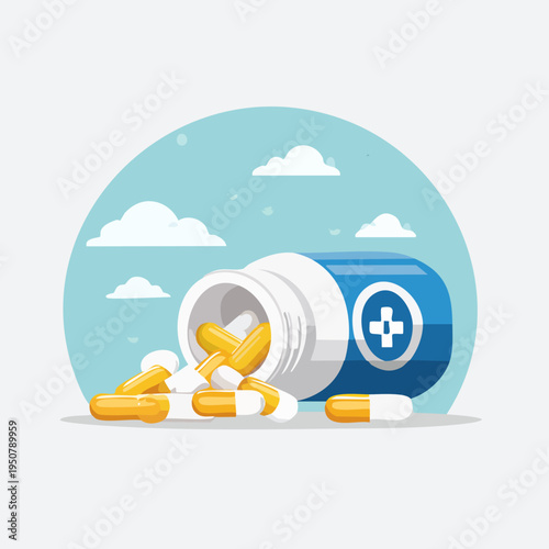 Pills spilling from a medicine bottle, symbolizing healthcare and medication.