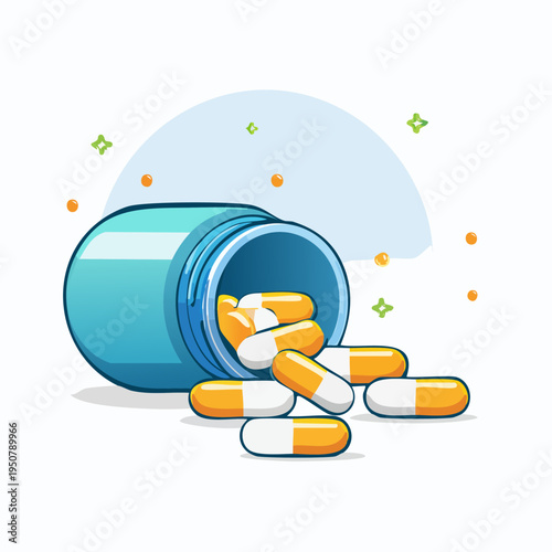 Pills spilling out of a blue medicine bottle, healthcare concept.