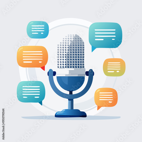 Podcast Illustration with Microphone and Speech Bubbles.