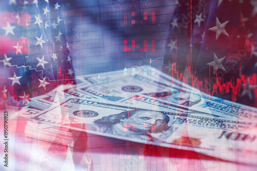 Stack of one hundred dollar bills layered with the US flag and a red declining stock market candlestick chart. Concept American economic crisis, inflation, recession risks and financial volatility.