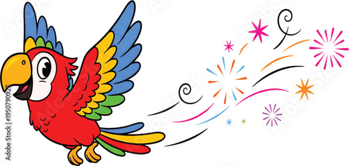 Vibrant cartoon parrot in flight, leaving a whimsical trail of colorful sparks and joyful celebration. A delightful illustration of fun and freedom with a tropical bird