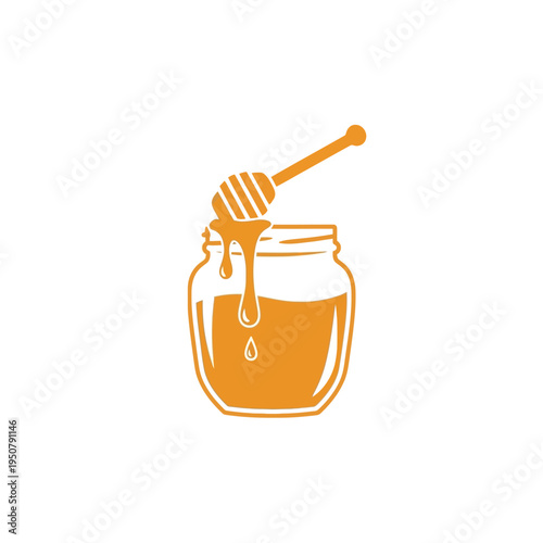 Orange honey jar with wooden dipper and dripping honey, a sweet natural product icon