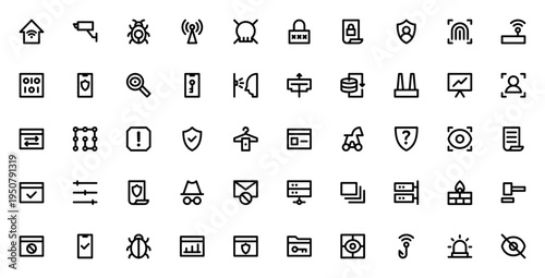 Data Protection icon set. Vector symbols for cybersecurity, privacy, and digital safety. Includes shield, firewall, fingerprint, encryption, virus, and more. Editable stroke.