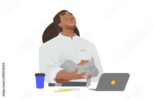 Office Work Calm Desk Illustration with A Relaxed Man and Afro Character for A Quiet Workspace. Flat Cartoon Person in Isolated White Bg during A Pause or Break with Focus and Relief