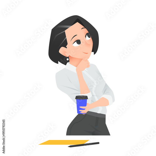 Think Woman Question Character for Business with A Mark of Happy Doubt and Choice. Thinking Transparent PNG of People in Wonder and Thought for An Excited Future. Vector Illustration.