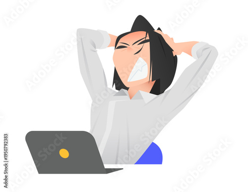 Fail Angry Woman Character with Laptop for Business Failure and Vector Bug in Job Workplace. Expressive Scene of Frustrated Executive with Stress and Disappointment in Modern