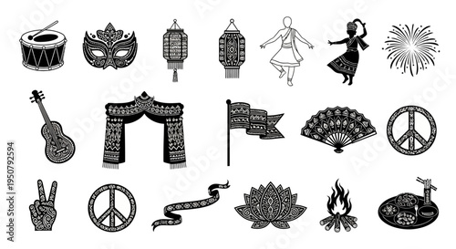 Generic Cultural Festival Black Vector Icon Set with Global Symbols. transparent