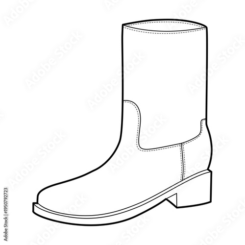 ankle boot women single line. Straight shaft mid heel boot for office commute and weekend walk. Technical fashion illustration CAD mockup clean vector man unisex isolated modern style. 