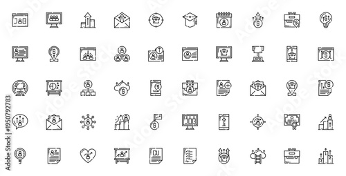 Job Promotion Icon Set: Vector Symbols for Career, Success, Goal, Award, Resume, Email, and Business Achievement. Editable Thin Line Icons.