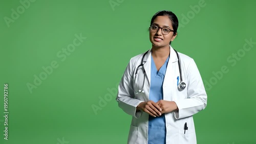 Female doctor in lab coat and stethoscope on green screen background