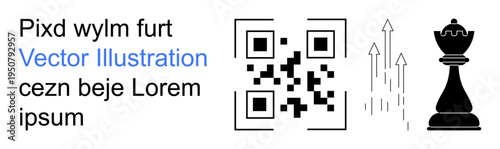 Business strategy, digital growth, technology concepts, decision-making, innovation, data analysis. QR code, upward arrows chess piece. Business strategy and digital growth concept