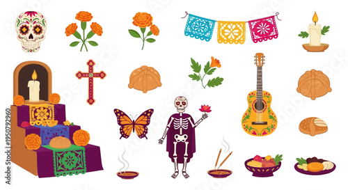 Intricate Folkloric Vector Silhouettes for Reverent Day of the Dead (Día de Muertos). transparent.