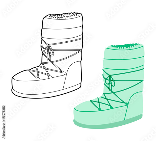 Mint lace-up padded winter boot women flat plus line set. Wrapped construction with front lacing for mountain trip snow. Technical fashion illustration CAD mockup vector men unisex isolated chic style