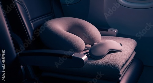 A close-up of a dimly lit airplane cabin seat at night with a plush neck pillow, a folded fleece blanket, and a sleep mask resting on it, transport, jet, rest