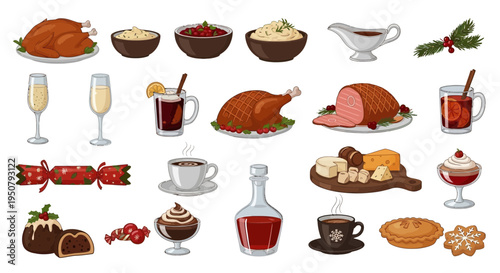 Detailed Holiday Food and Drink Vector Icons for Festive Gatherings.