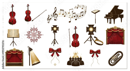 Elegant Classical Winter Concert Silhouette Set with Orchestral Instruments.
Actions: